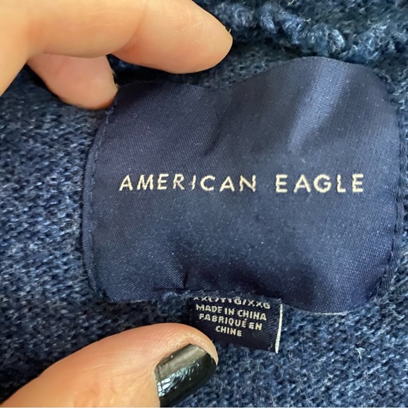 American Eagle Pullover Hoodie Mens XXL Knit Sweater Fair Isle Spellout Blue - Picture 4 of 8